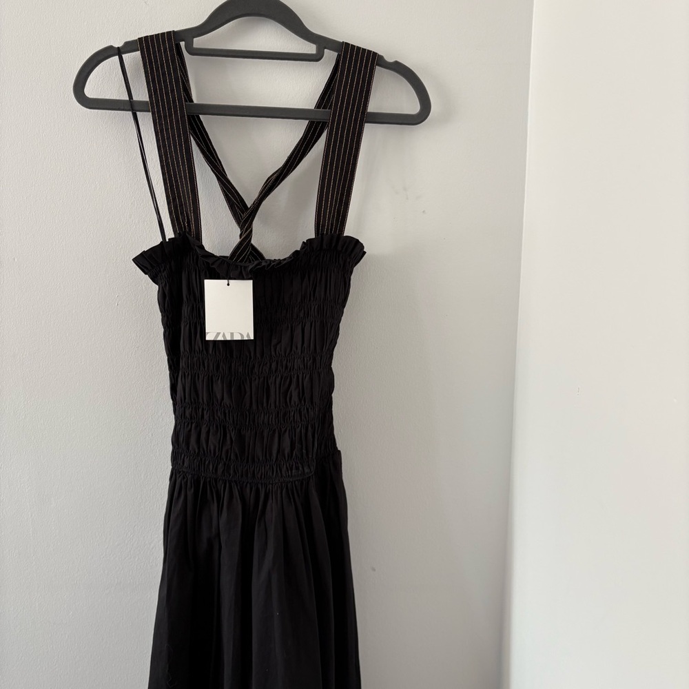 ZARA Topstitched Black Midi Dress with Pockets 100% Cotton Size M NWT - Picture 12 of 15